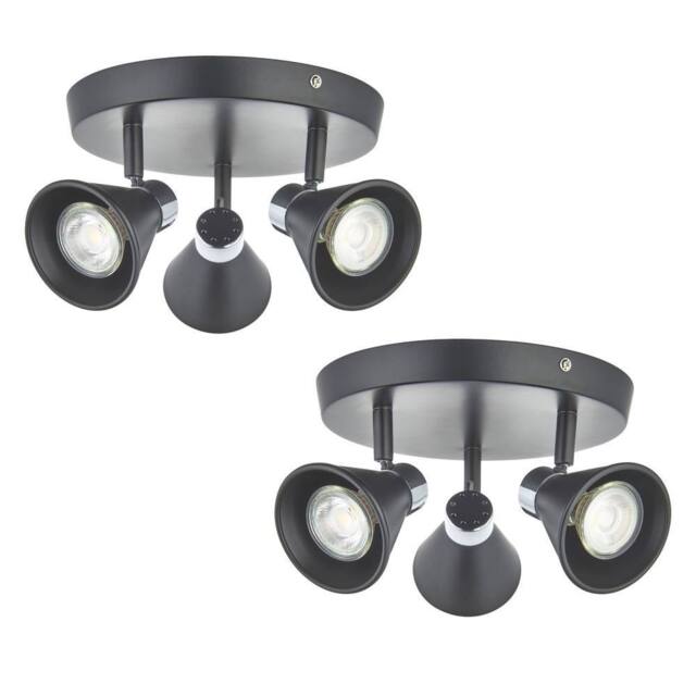 First Choice Lighting Set of 2 Burton - Matt Black & Chrome Detail 3 Way Ceiling Spotlights
