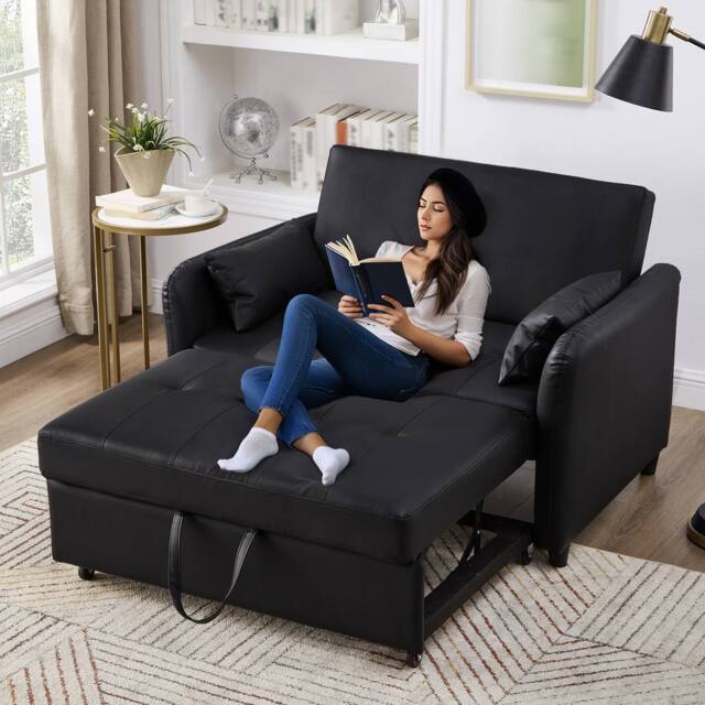BTM 2 Seater Pull Out Sofa Bed Adjustable Backrest Convertible Sofa in Black - image 1