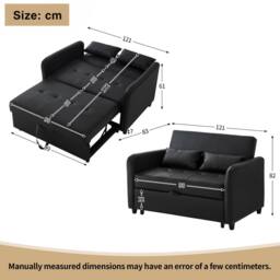 BTM 2 Seater Pull Out Sofa Bed Adjustable Backrest Convertible Sofa in Black - thumbnail 6