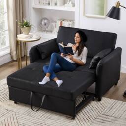 BTM 2 Seater Pull Out Sofa Bed Adjustable Backrest Convertible Sofa in Black - thumbnail 1