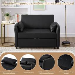 BTM 2 Seater Pull Out Sofa Bed Adjustable Backrest Convertible Sofa in Black - thumbnail 9