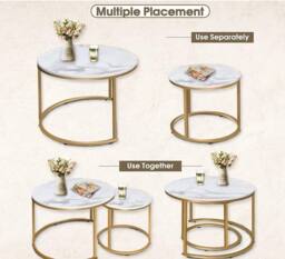 Huhote Metal Frame White Wood Marble Finish Top Round Nesting Side End Table 2 Set in Gold - thumbnail 4