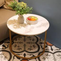 Huhote Metal Frame White Wood Marble Finish Top Round Nesting Side End Table 2 Set in Gold - thumbnail 6