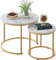 Huhote Metal Frame White Wood Marble Finish Top Round Nesting Side End Table 2 Set in Gold - thumbnail 7