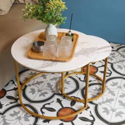Huhote Metal Frame White Wood Marble Finish Top Round Nesting Side End Table 2 Set in Gold - thumbnail 1