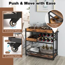 Costway 3-Tier Industrial Kitchen Serving Cart Rolling Bar Serving Trolley W/ Wine Rack in Brown - thumbnail 5