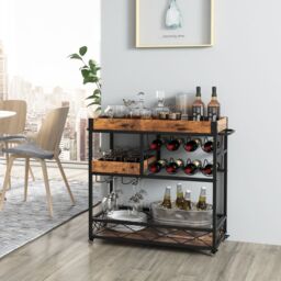 Costway 3-Tier Industrial Kitchen Serving Cart Rolling Bar Serving Trolley W/ Wine Rack in Brown - thumbnail 3