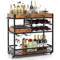 Costway 3-Tier Industrial Kitchen Serving Cart Rolling Bar Serving Trolley W/ Wine Rack in Brown