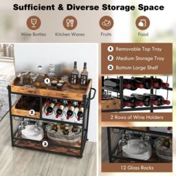 Costway 3-Tier Industrial Kitchen Serving Cart Rolling Bar Serving Trolley W/ Wine Rack in Brown - thumbnail 4