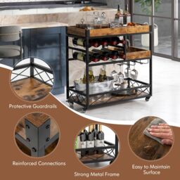 Costway 3-Tier Industrial Kitchen Serving Cart Rolling Bar Serving Trolley W/ Wine Rack in Brown - thumbnail 6