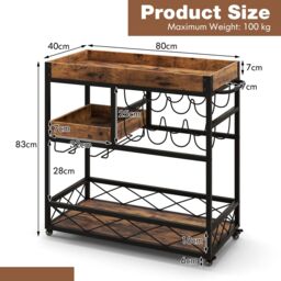 Costway 3-Tier Industrial Kitchen Serving Cart Rolling Bar Serving Trolley W/ Wine Rack in Brown - thumbnail 2