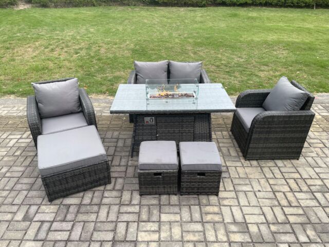 Fimous Rattan Garden Furniture Set Outdoor Patio Gas Fire Pit Dining Table & Chairs with Loveseat Sofa in Dark Grey - image 1