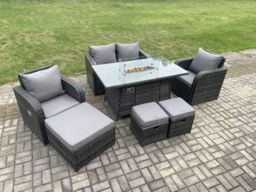 Fimous Rattan Garden Furniture Set Outdoor Patio Gas Fire Pit Dining Table & Chairs with Loveseat Sofa in Dark Grey - thumbnail 3