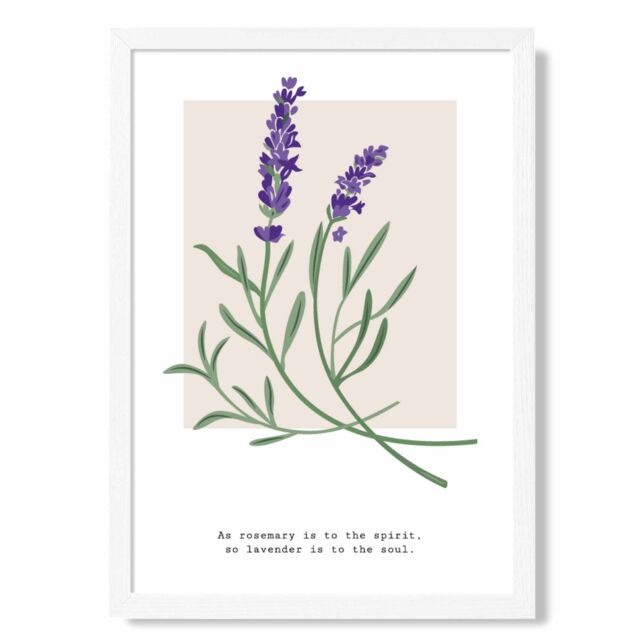 ARTZE Lavender Plant & Quote Flower Market Simplicity Framed Print SIZE: A4 with White Frame in Purple - image 1