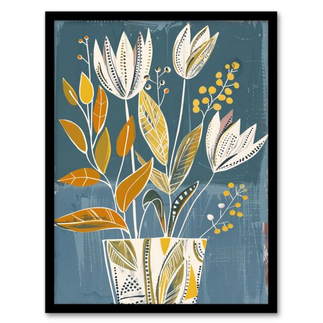 "Artery8 Tulip Flowers Orange Blue Potted Plant Floral Framed Art Print - Size: W12"" x H16""" - image 1