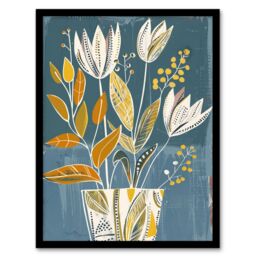 "Artery8 Tulip Flowers Orange Blue Potted Plant Floral Framed Art Print - Size: W12"" x H16""" - thumbnail 1