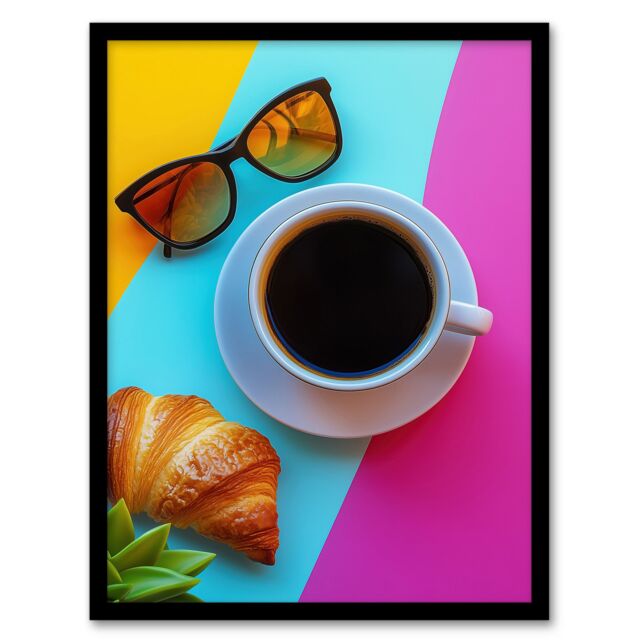 "Artery8 Coffee Sunglasses Croissant Colourful Modern Framed Art Print - Size: W12"" x H16""" - image 1