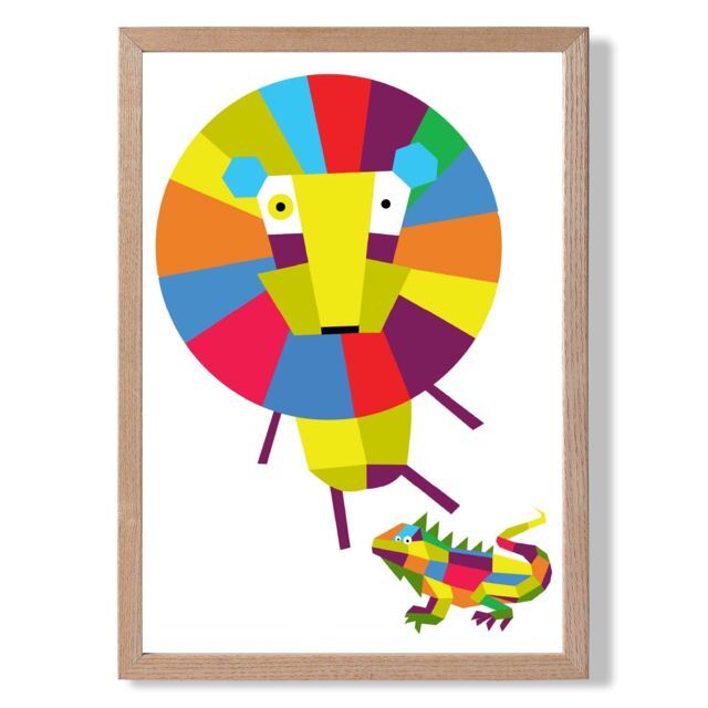 ARTZE Lion Bright Geometric Animal Framed Print SIZE: A2 with Oak Frame - Size: A4 - image 1