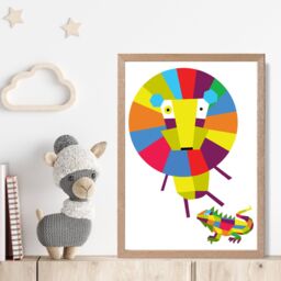 ARTZE Lion Bright Geometric Animal Framed Print SIZE: A2 with Oak Frame - Size: A4 - thumbnail 2