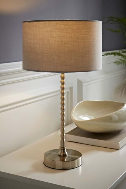 ValueLights Maeve Fabric Drum Lamp Shade Brushed Chrome Bobbin Bobble Table Lamp in Grey - image 1