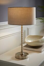 ValueLights Maeve Fabric Drum Lamp Shade Brushed Chrome Bobbin Bobble Table Lamp in Grey - thumbnail 1