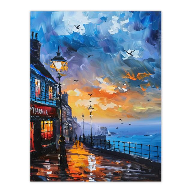"Artery8 Seaside Town Promenade Sunset Oil Painting Wall Art Print in Blue - Size: W24"" x H32""" - image 1
