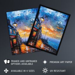 "Artery8 Seaside Town Promenade Sunset Oil Painting Wall Art Print in Blue - Size: W24"" x H32""" - thumbnail 2