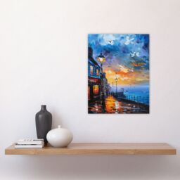 "Artery8 Seaside Town Promenade Sunset Oil Painting Wall Art Print in Blue - Size: W24"" x H32""" - thumbnail 4