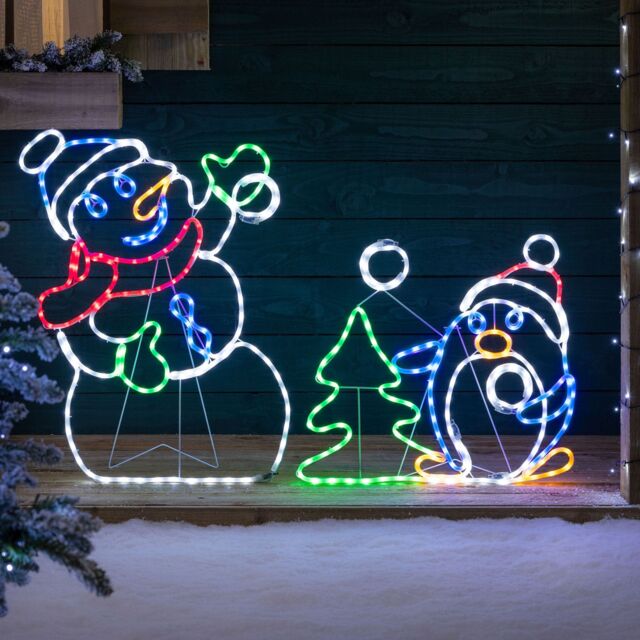 Christow Snowman Penguin Christmas Light Animated LED Snow Fight Decoration 87cm x 135cm - Size: 87 cm x 135 cm - image 1