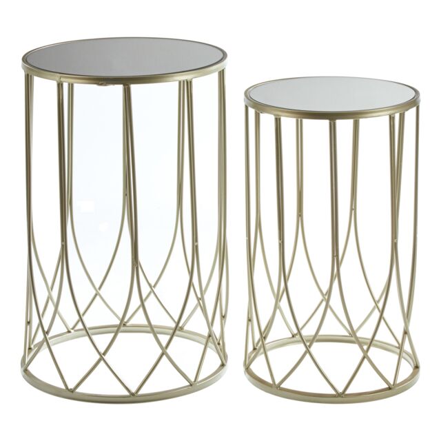 Orsina Set of 2 Black Top Champagne Tables, Mirrored Glass Nesting Tables with Gold Iron Base, Luxe Moorish Design - image 1
