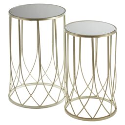 Orsina Set of 2 Black Top Champagne Tables, Mirrored Glass Nesting Tables with Gold Iron Base, Luxe Moorish Design - thumbnail 2