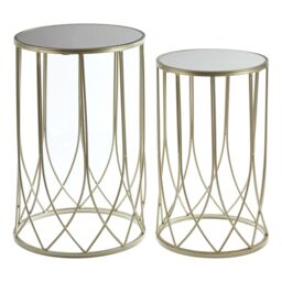 Orsina Set of 2 Black Top Champagne Tables, Mirrored Glass Nesting Tables with Gold Iron Base, Luxe Moorish Design