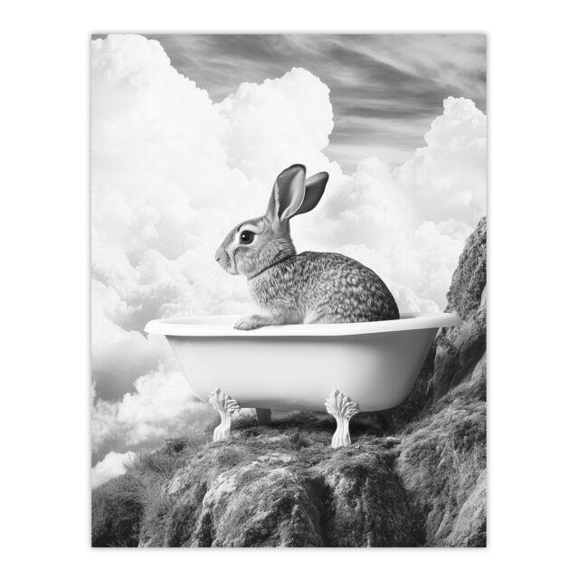 "Artery8 Cute Bunny Rabbit in Bathtub Black White Surreal Wall Art Print in Grey - Size: W18"" x H24""" - image 1