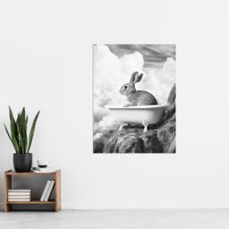 "Artery8 Cute Bunny Rabbit in Bathtub Black White Surreal Wall Art Print in Grey - Size: W18"" x H24""" - thumbnail 4