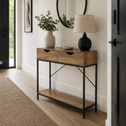 FORGEVIO 2 Drawer Console Table Black Frame Wooden Shelf - thumbnail 4