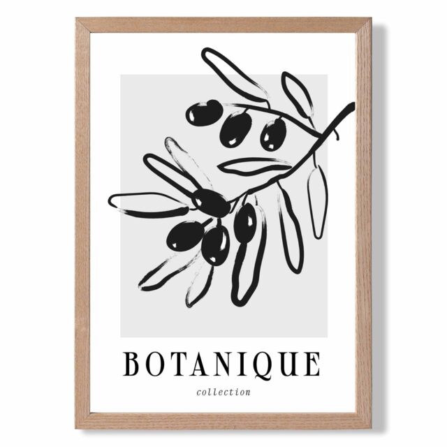 ARTZE Grey & Black Olive Boho Sketch Floral Framed Print SIZE: A2 with Oak Frame - Size: A4 - image 1