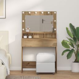 Berkfield Home Dressing Table with LED Lights - Artisan Oak - 79 x 41 x 135 cm in Beige