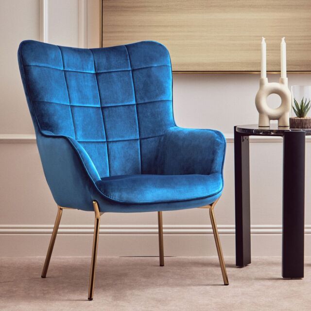 Orsina High Back Velvet Armchair with Gold Legs, Versatile & Durable Armchair, Easy to Maintain Bucket Chair in Blue - image 1
