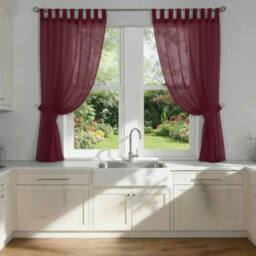 Luxury Living Voile Tab Top Curtain Pair with Crystal Tie Backs Sheer Window Panels in Maroon - Size: 145 cm width x 137 cm drop