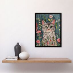 "Artery8 Cat Lover Pet Portrait Night Time Flower Garden Framed Wall Art in Pale Blue - Size: W12"" x H16""" - thumbnail 4