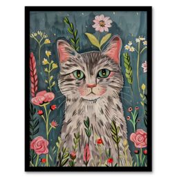 "Artery8 Cat Lover Pet Portrait Night Time Flower Garden Framed Wall Art in Pale Blue - Size: W12"" x H16""" - thumbnail 1