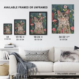 "Artery8 Cat Lover Pet Portrait Night Time Flower Garden Framed Wall Art in Pale Blue - Size: W12"" x H16""" - thumbnail 3