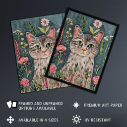"Artery8 Cat Lover Pet Portrait Night Time Flower Garden Framed Wall Art in Pale Blue - Size: W12"" x H16""" - thumbnail 2