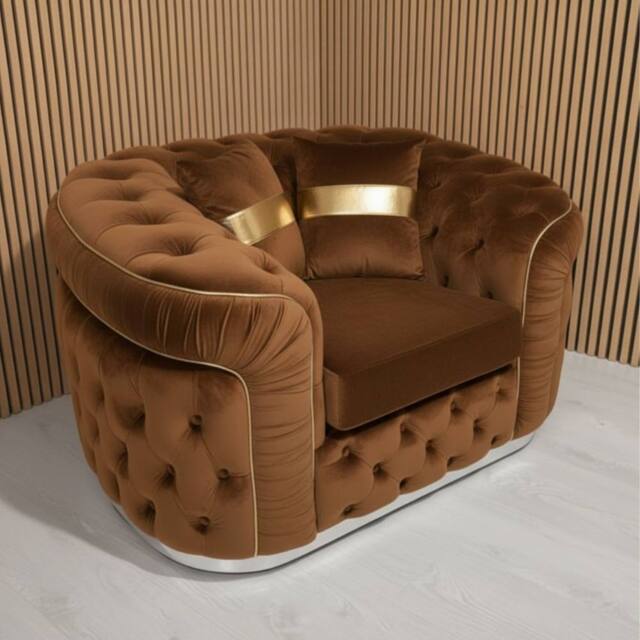 Stratus Interiors Ambassador Velvet Chesterfield Sofa- Silver Trim - No Frill - Armchair in Brown - image 1