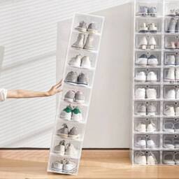 FLAVORA 12PC Stackable Clear Plastic Foldable Shoe Organiser Box for Trainers - thumbnail 1