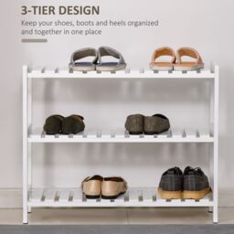 HOMCOM 3-Tier Shoe Rack Wood Frame Slatted Shelves Open Hygienic Storage in White - thumbnail 4