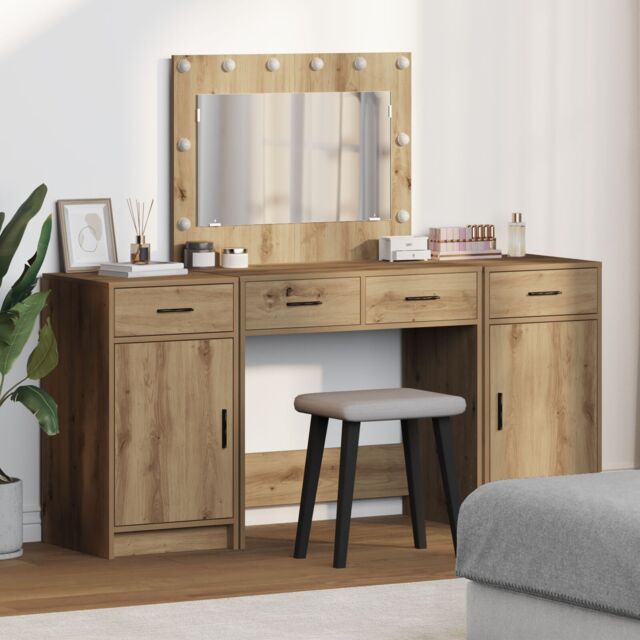 Berkfield Home 3 Piece Dressing Table Set with LED Artisan Oak Engineered Wood in Brown - image 1