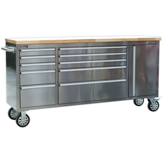 Loops 1990 x 490 x 950mm Mobile STAINLESS STEEL Tool Cabinet - 10 Drawer & Cupboard in Metallics - image 1