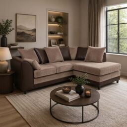 Furnishings For Less UK Luca 3-4 Seater L Shaped Corner Sofa Fabric & Leather Trim Brown & Beige Right Hand Facing - thumbnail 2