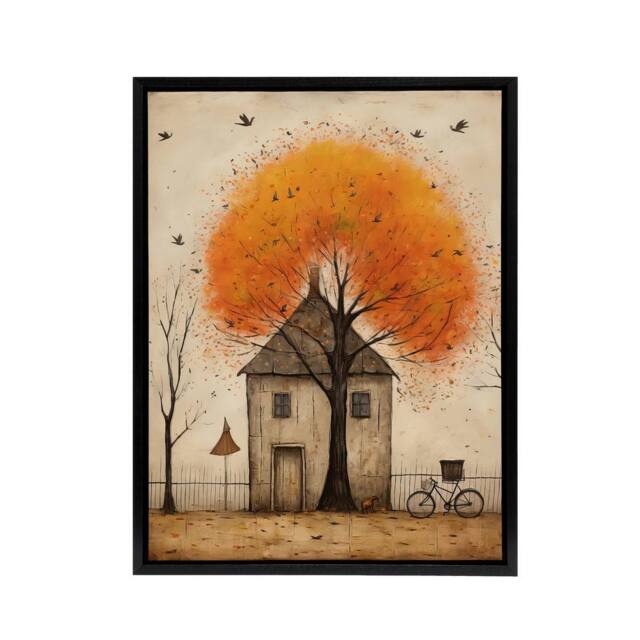 "Artery8 Country House Rural Life in Autumn Framed Canvas Wall Art Print in Orange - Size: W18"" x H24""" - image 1